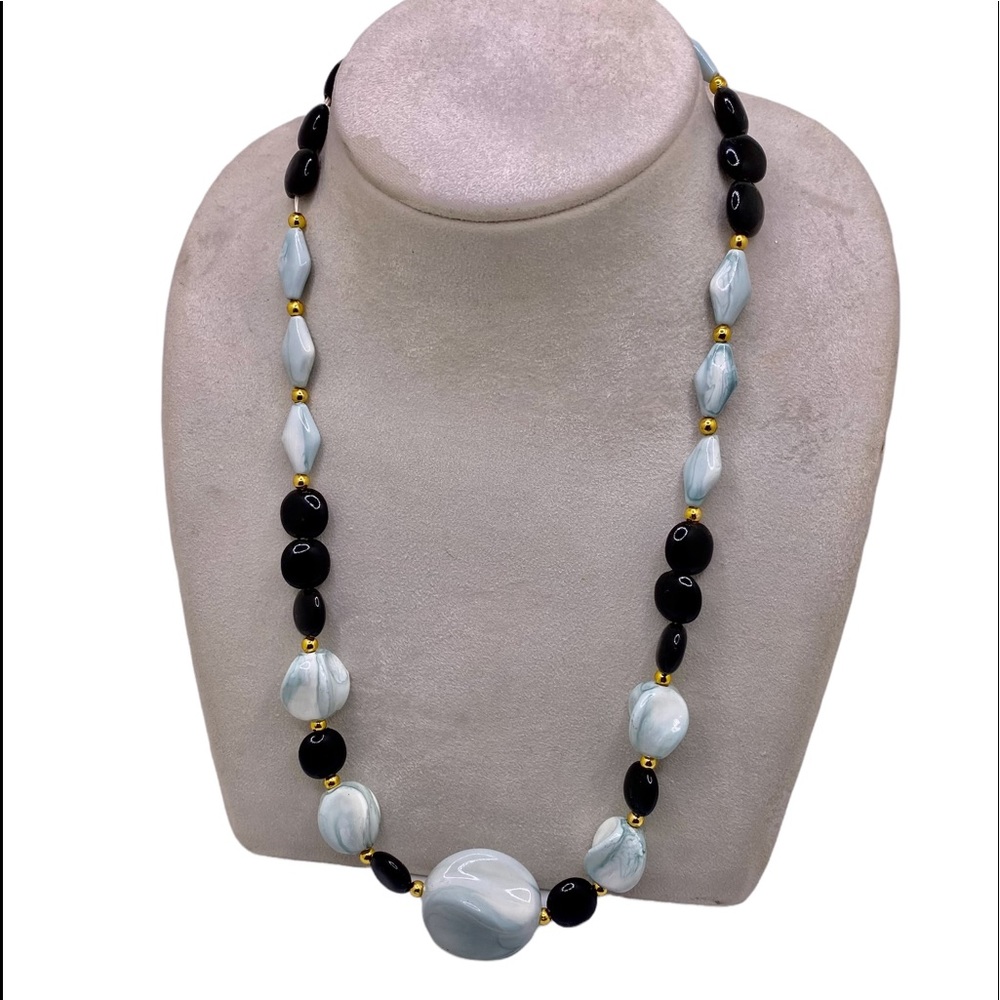 Black Pale Blie and Gold Bead Necklace